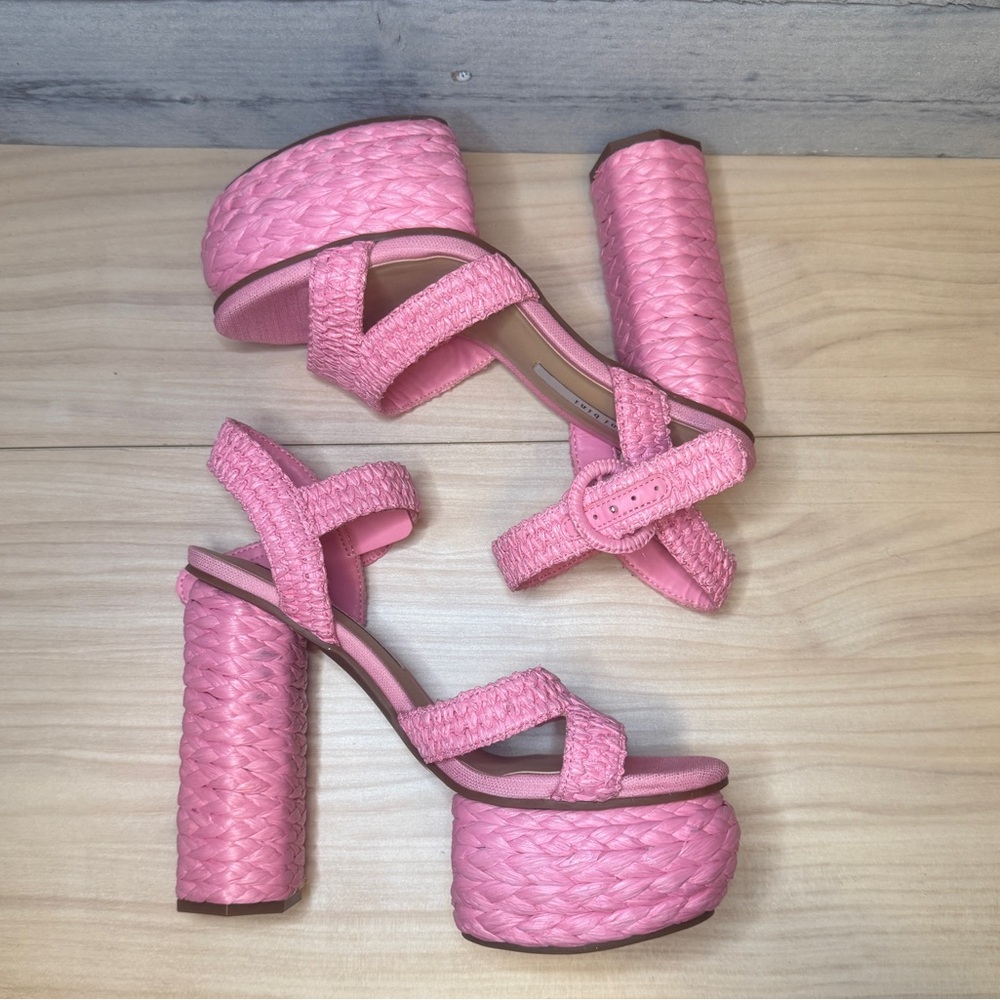 GIANNI BINI PELLE NWOB RAFFIA Pink Woven Platform Sandals - Picture 8 of 9